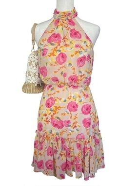 Betsey Johnson Floral Halter Mini Dress with Ruffle Hem Pink Yellow Size 2